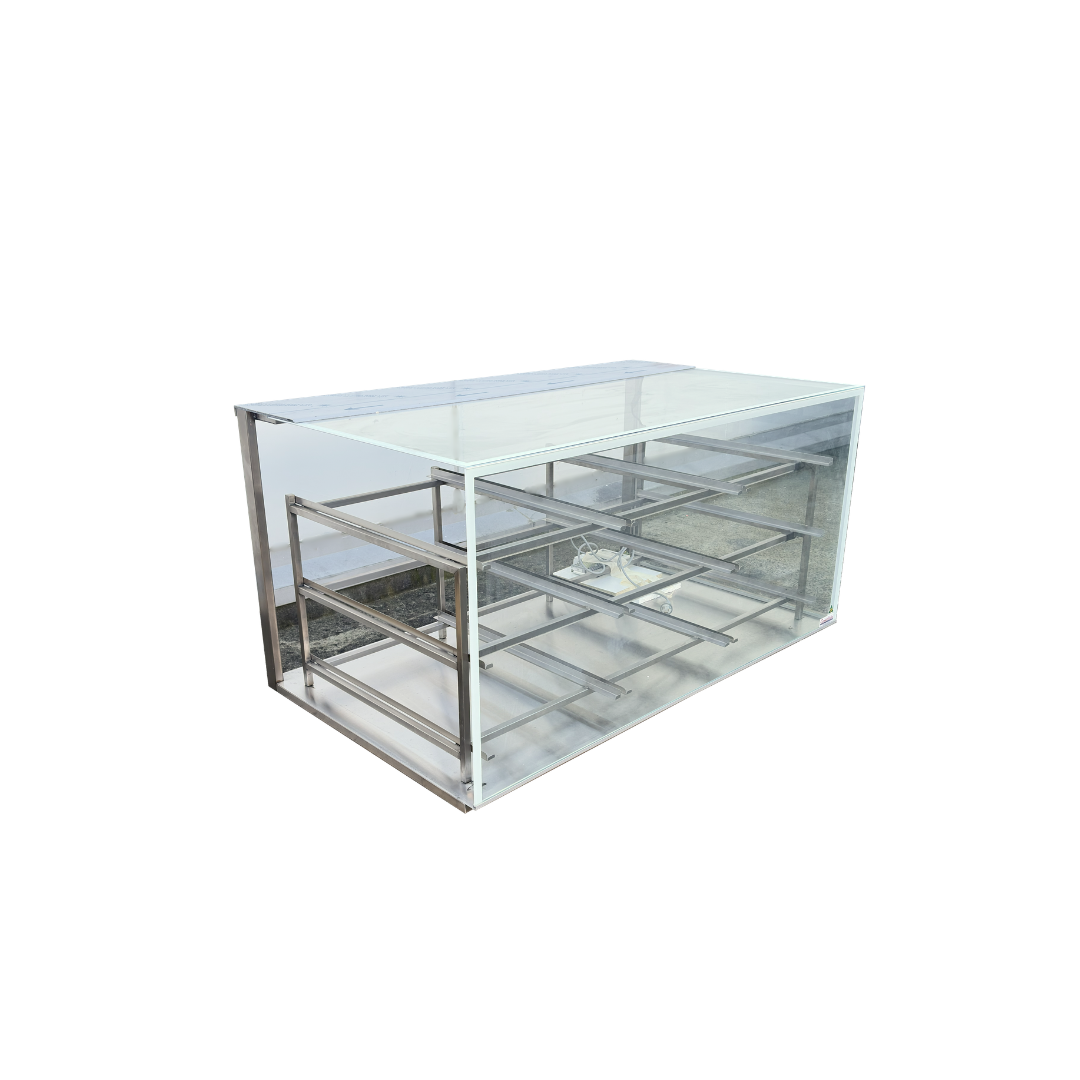 Bakery Display Case for ambient food. Unused, as new, clear glass with white edging showroom cabinet