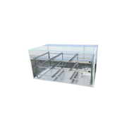 A clear frameless glass bakery display case for ambient food like cookies and pastries.