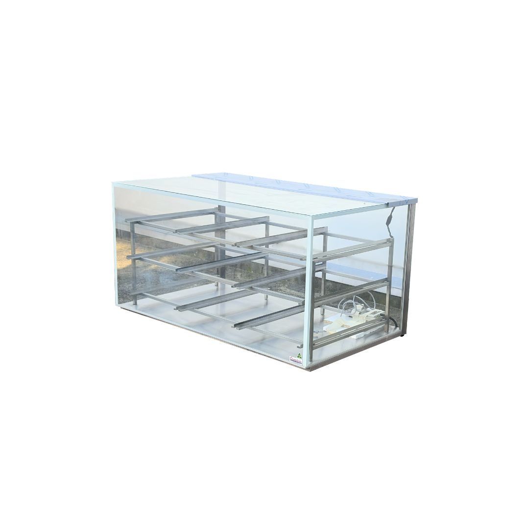 white frameless glass food bakery display case for cookies, doughnuts and pastries. Australian made.