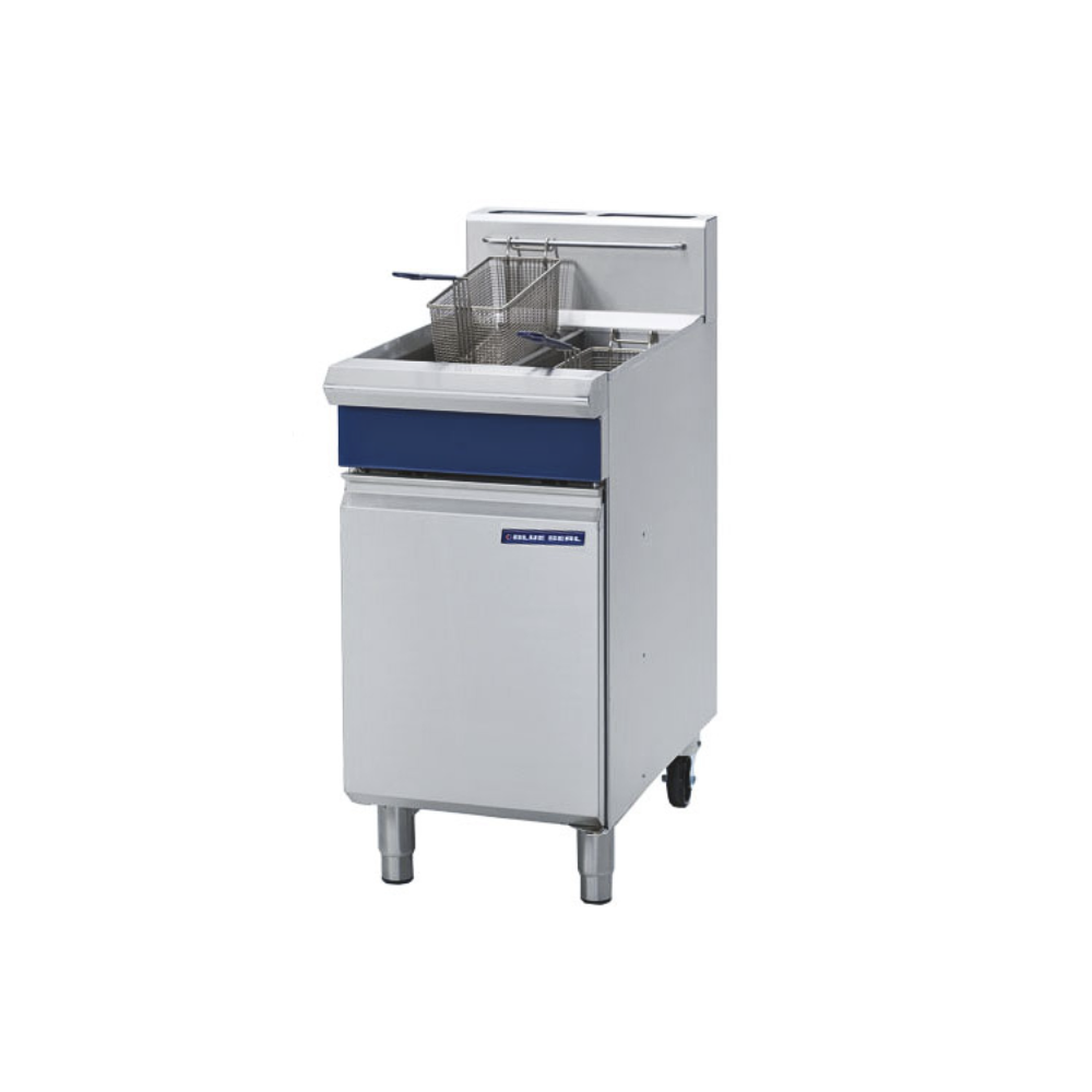 Blue Seal Evolution Series GT45 450mm single pan commercial gas fryer with stainless steel construction and dual fryer baskets.