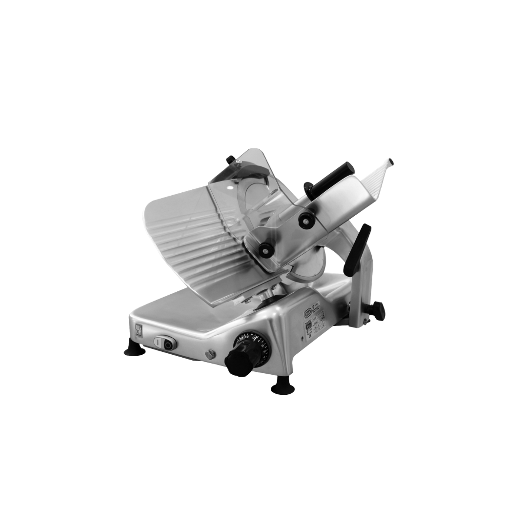 A commercial meat slicer with a silver stainless steel body, black knobs, and black feet, shown on a plain white background.