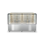 Stainless steel bakery display case with glass front on a white background
