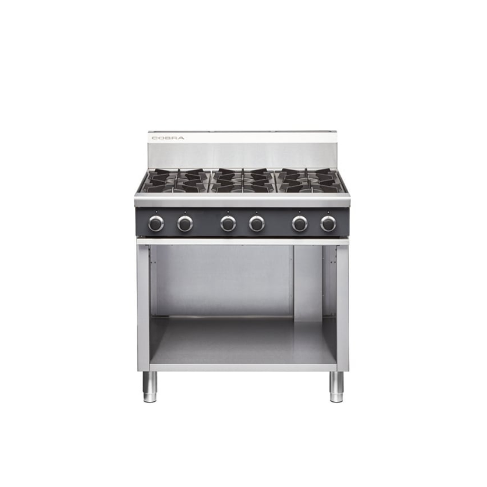 Cobra C9D 900mm commercial gas cooktop with 6 open burners and stainless-steel cabinet base