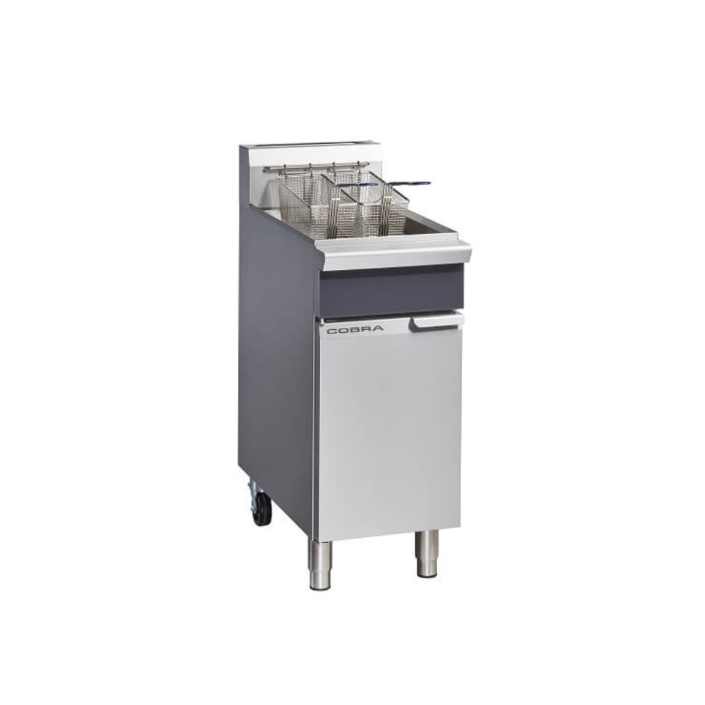 Cobra CF2 400mm single pan commercial gas fryer with twin baskets and stainless steel lid for restaurant kitchens.