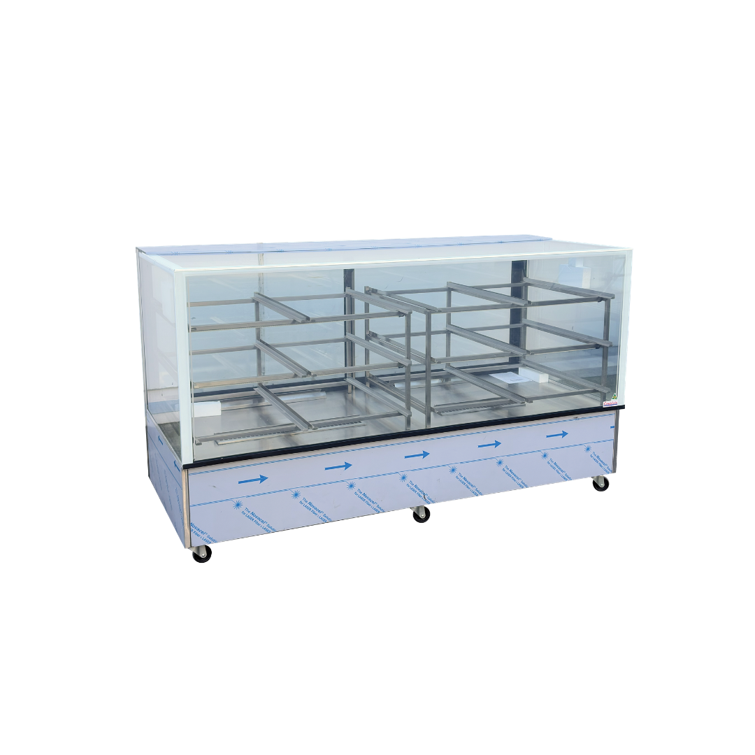 A commercial glass bakery display case with a clear front, top and side panels, with 12 shelves for cake display and desserts