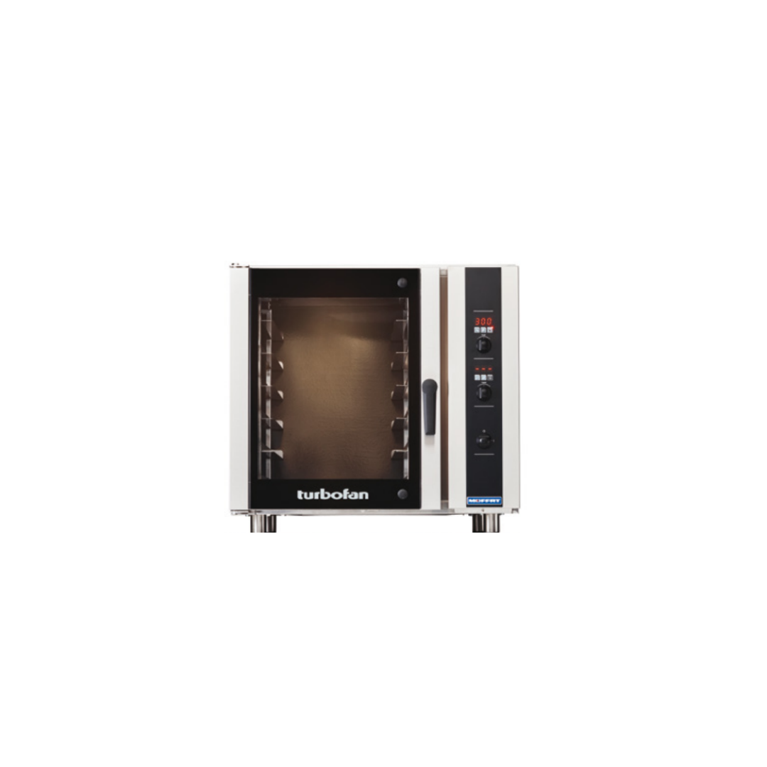 A Turbofan commercial convection oven with a stainless steel frame, clear glass door, and digital control panel on the right side, shown against a plain white background.