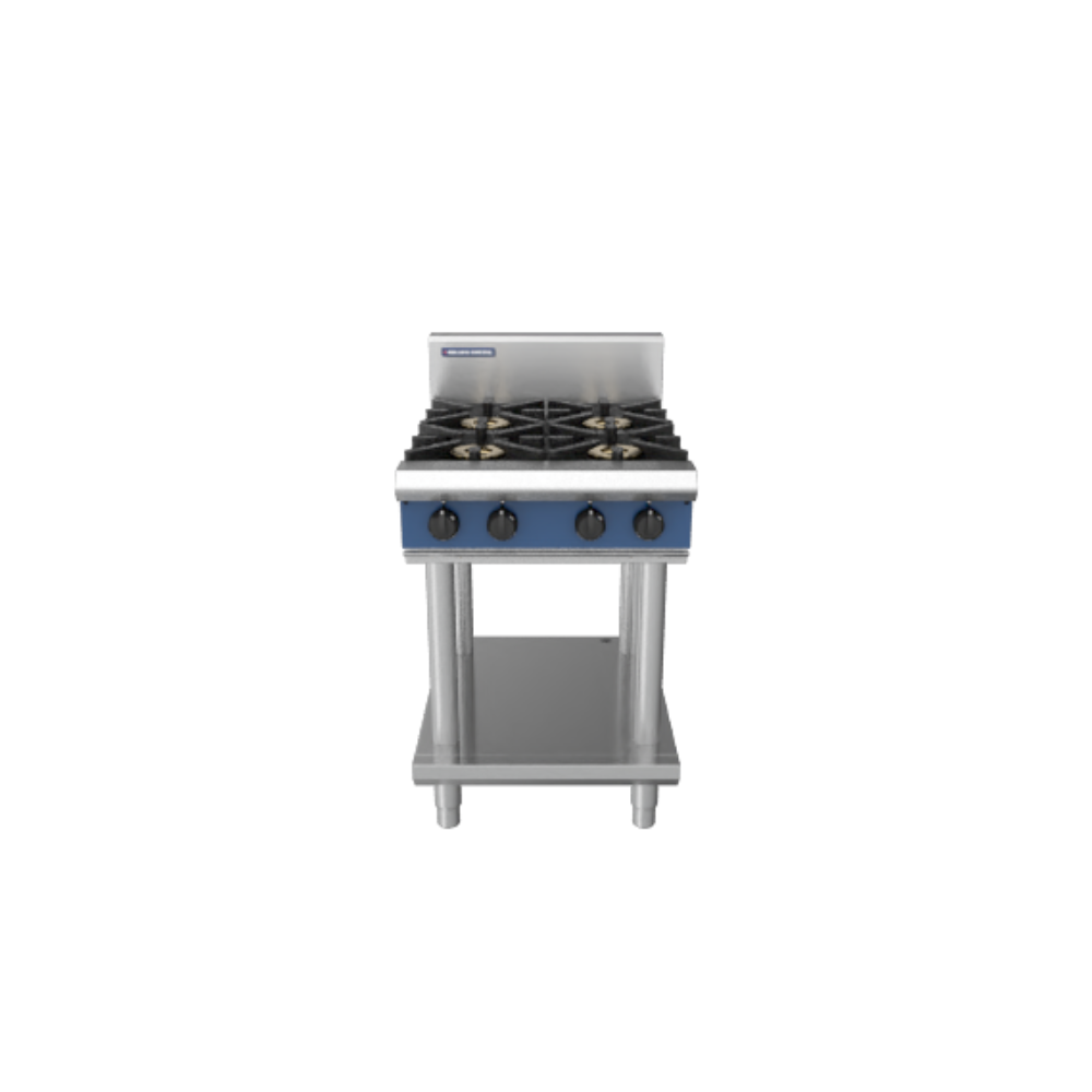 Front on view of the 4 burner blue seal G514D-LS stainless steel gas cooktop