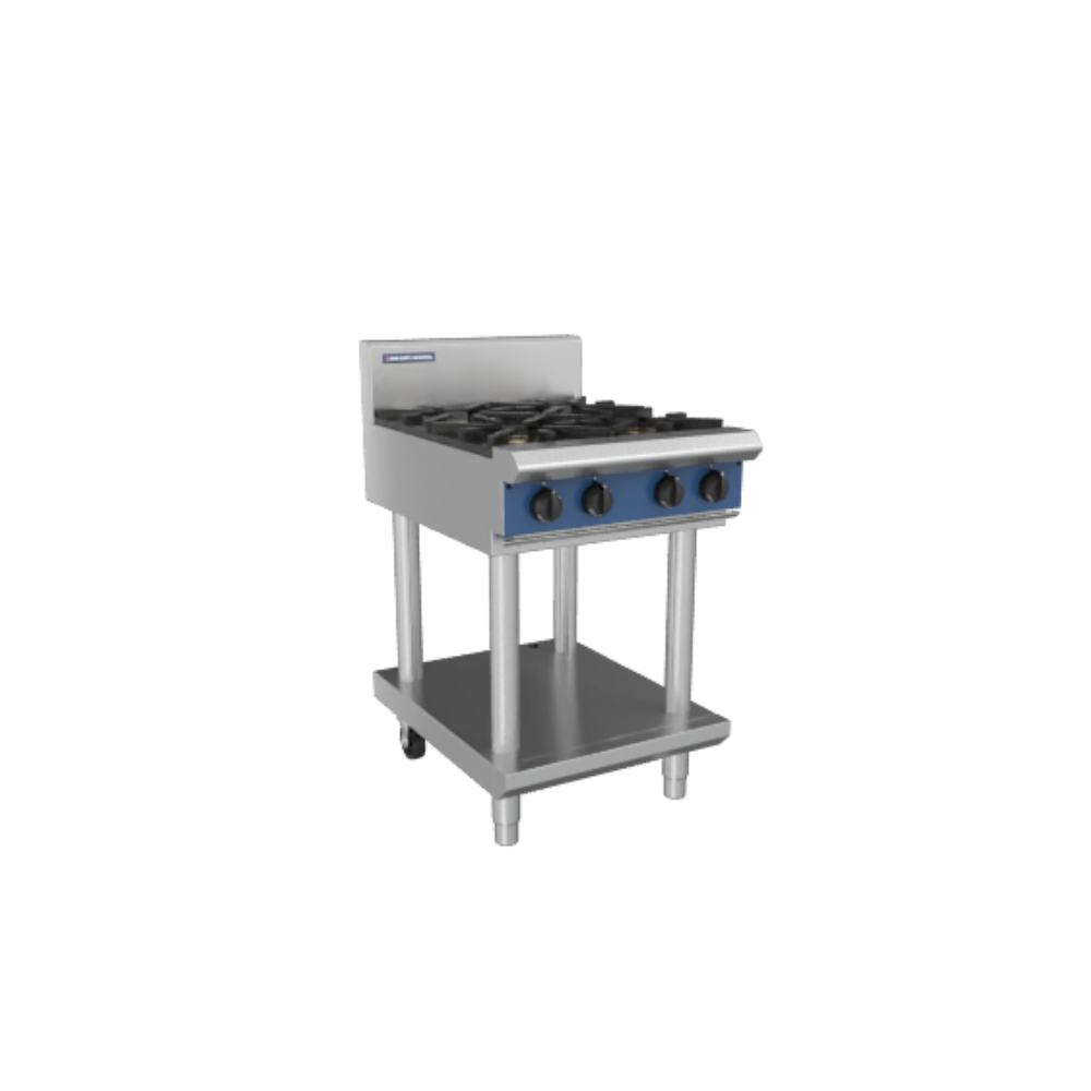 Angled image of the Blue Seal Series G514D-LS Gas Cooktop with leg stand