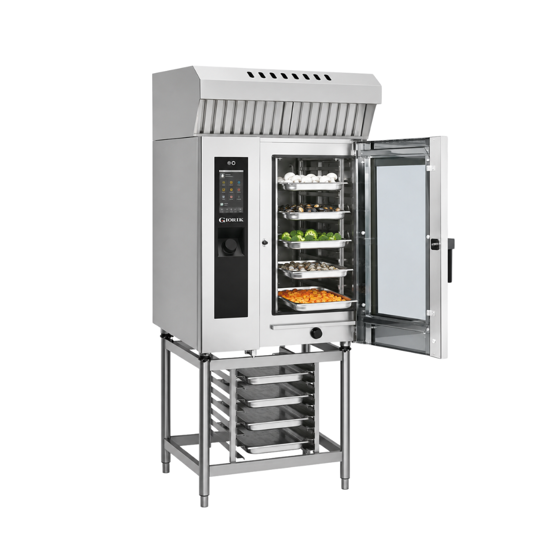 A commercial-grade stainless steel steambox Evolution Boiler electric combi oven with a metal stand, with its door open to reveal multiple racks containing food items. The unit features a digital control panel on the front and a vent hood above.