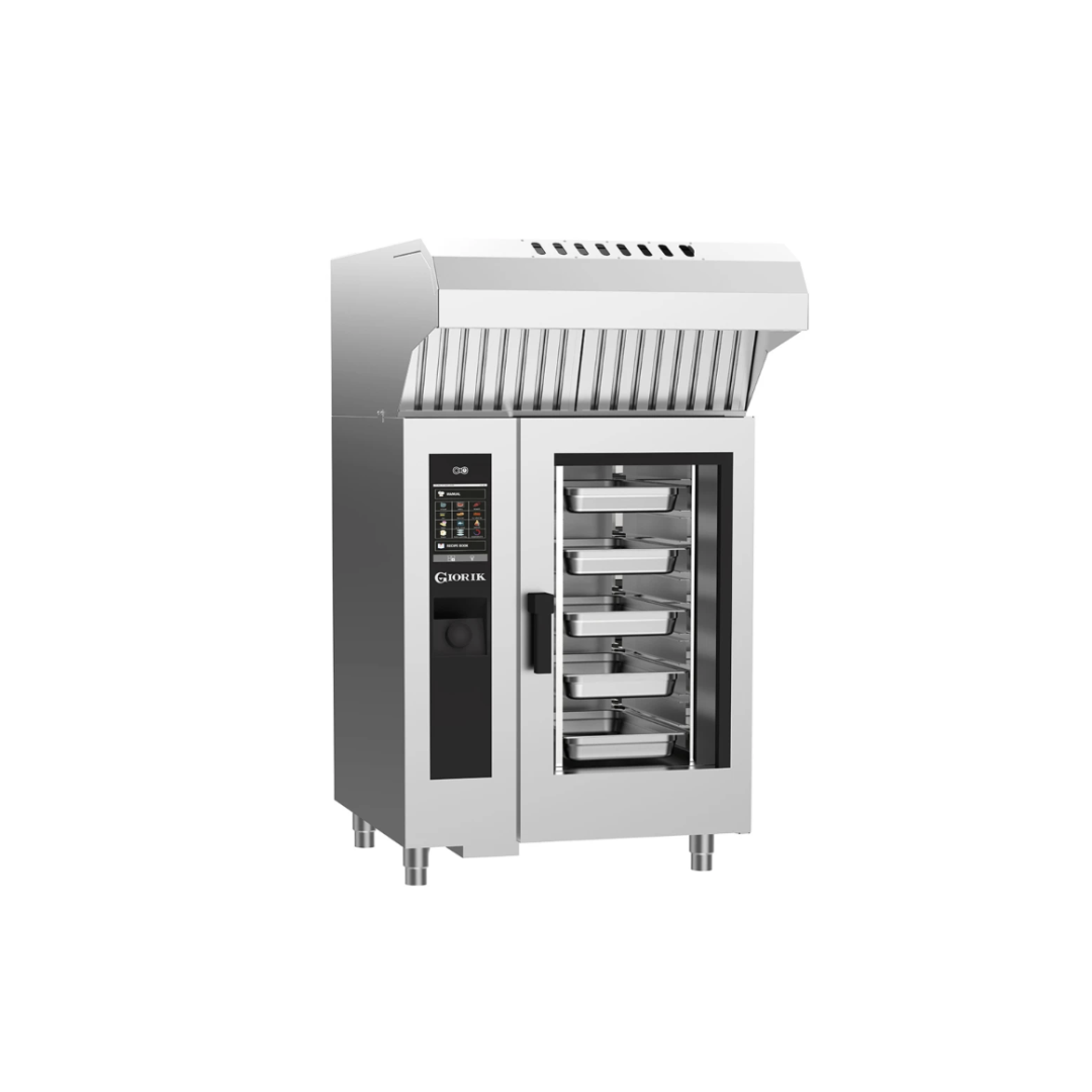 A commercial 10 tray oven with a stainless steel exterior, Ventless hood, digital control panel on the left, and a glass door showing five internal trays.