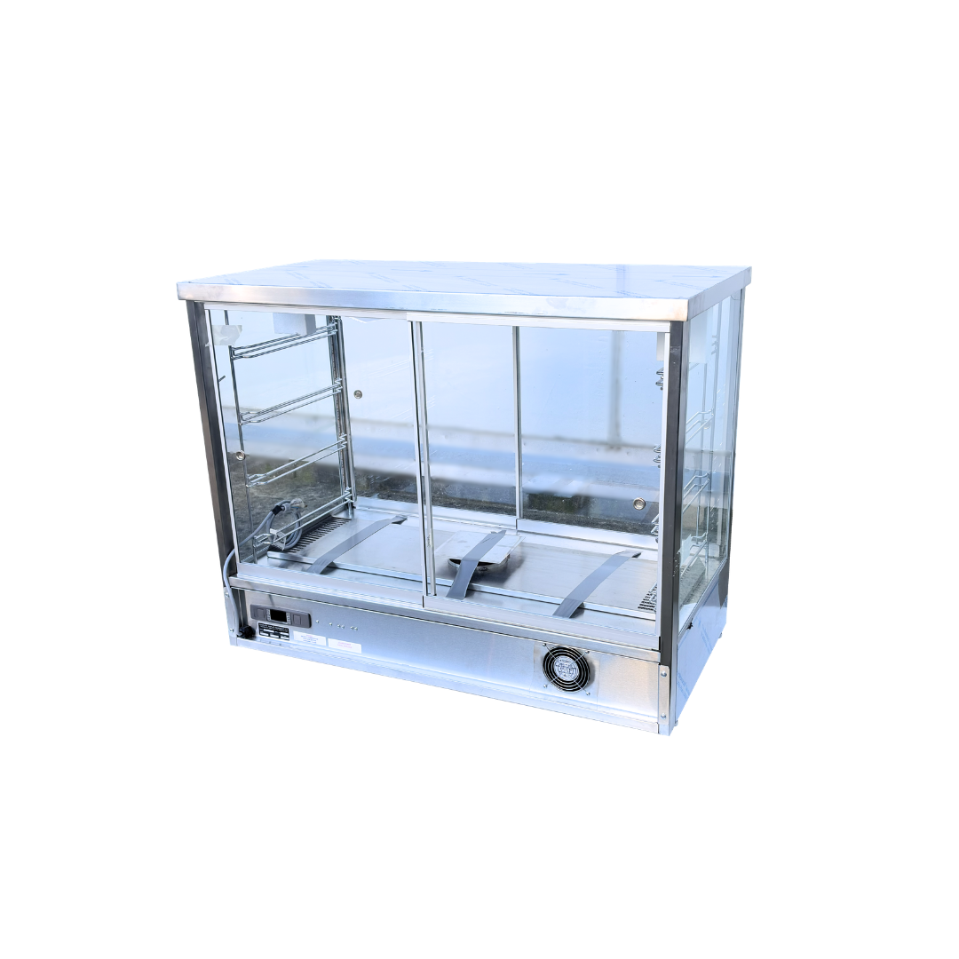 A stainless steel commercial hot food display case with glass doors and interior racks, shown on a plain white background.
