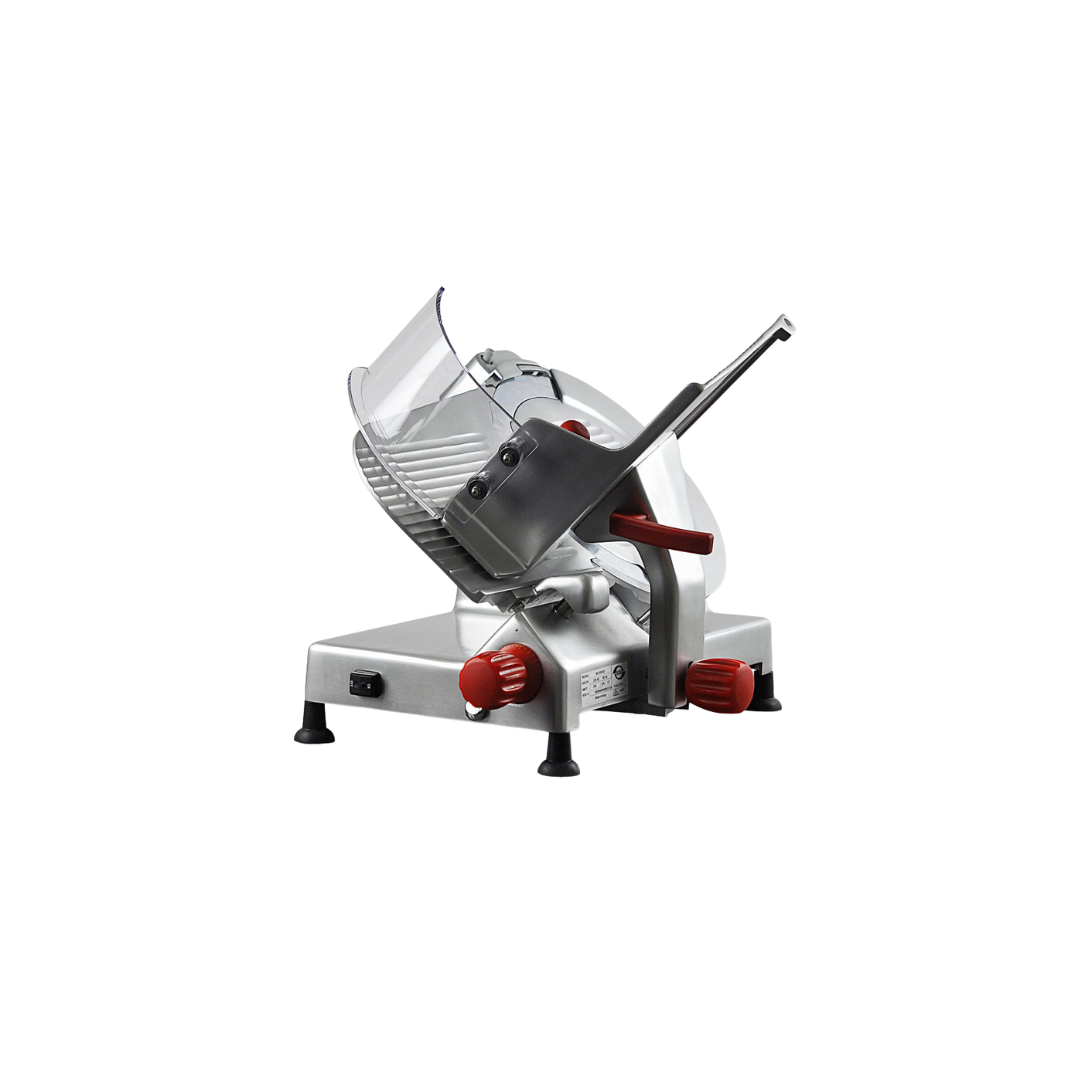 Italian made Meat slicer stainless steel with red controls best for slicing meats in delis, cafes, and supermarkets 