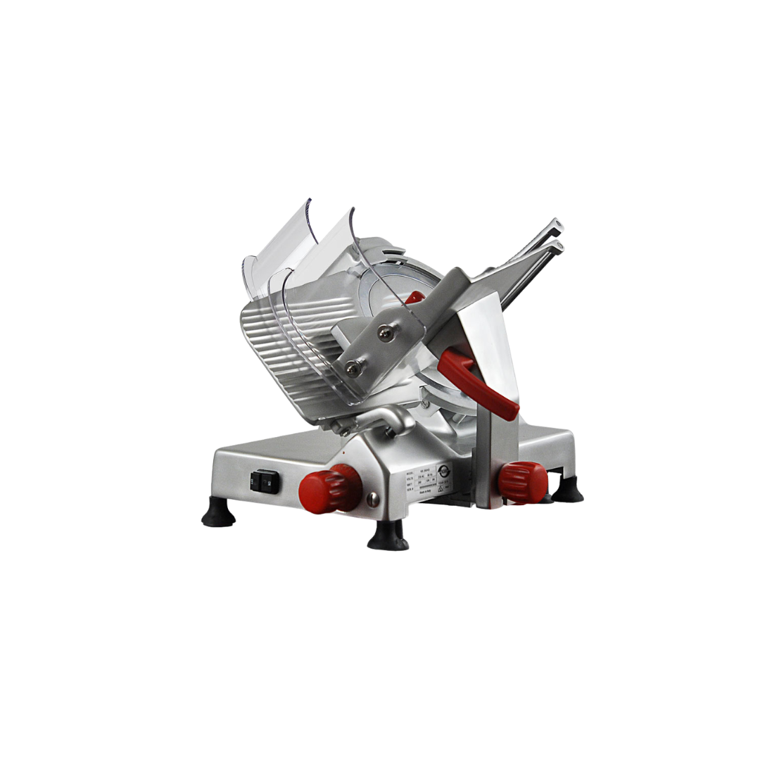 Meat Slicer with clear guard stainless steel with red controls. Ideal for commercial kitchens.