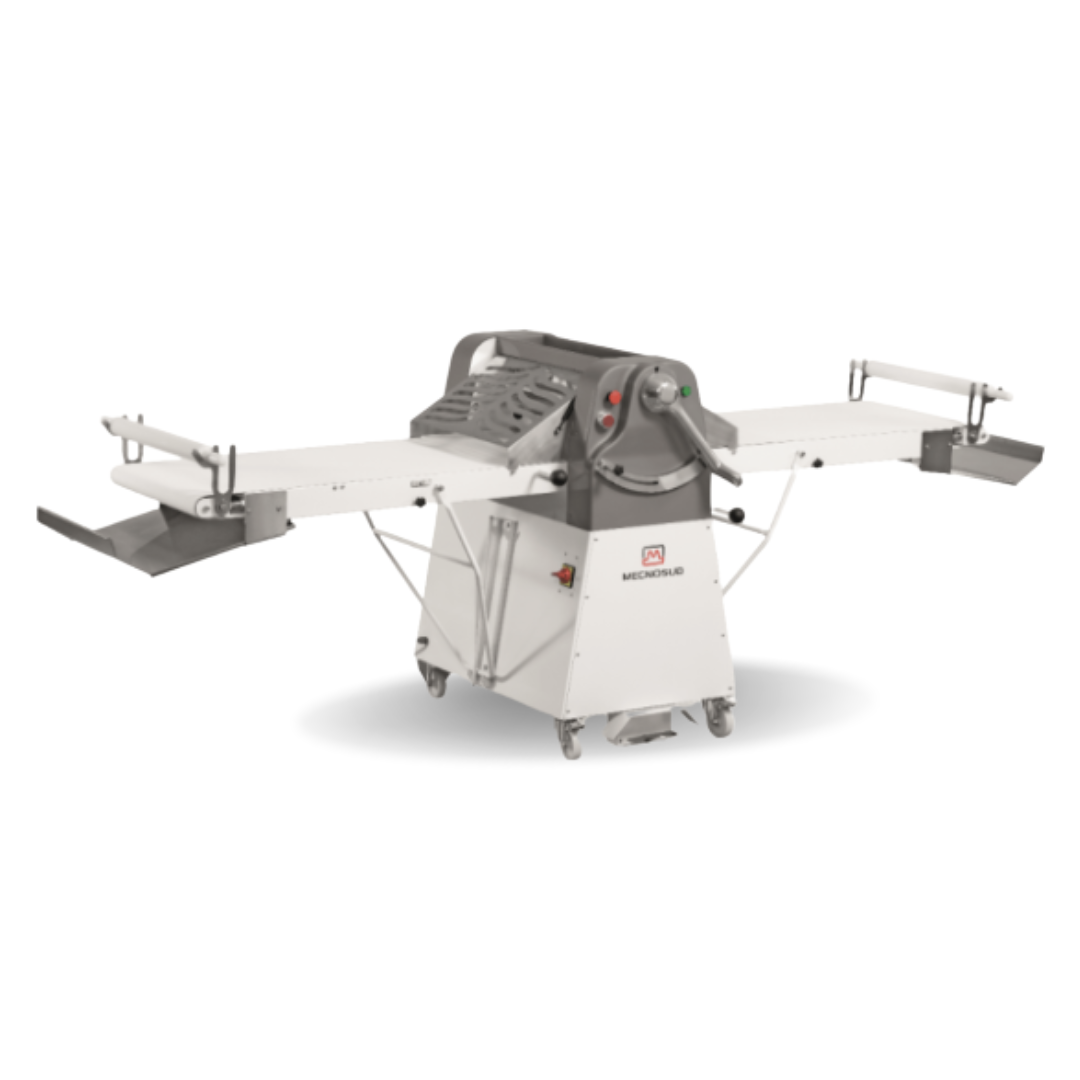 View of a stainless steel 
Mecnosud PSM6120 pastry sheeter, featuring long conveyor belts and chromium-plated rollers on a floor-standing base
