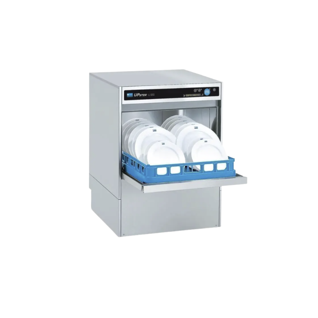 Meiko undercounter U500 Commercial dishwasher with a blue rack containing white dishes 