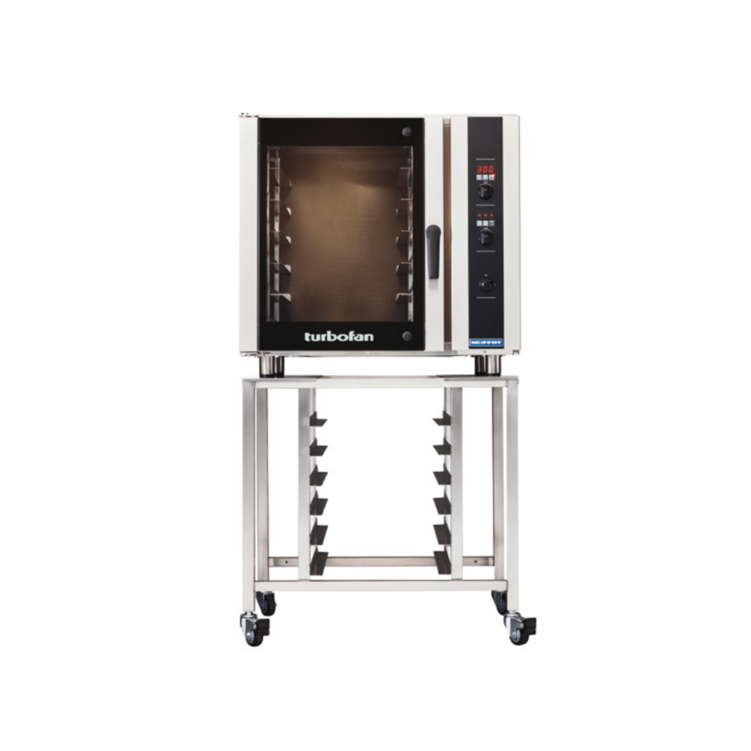 Turbofan commercial oven on a wheeled metal stand, shown against a plain white background.
