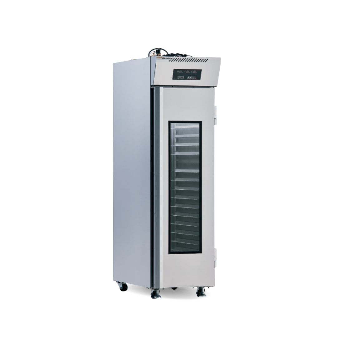 Front view of the Paramount P1RS 16 Tray Reach-In Prover with glass panel in door and internal LED light for easy viewing.