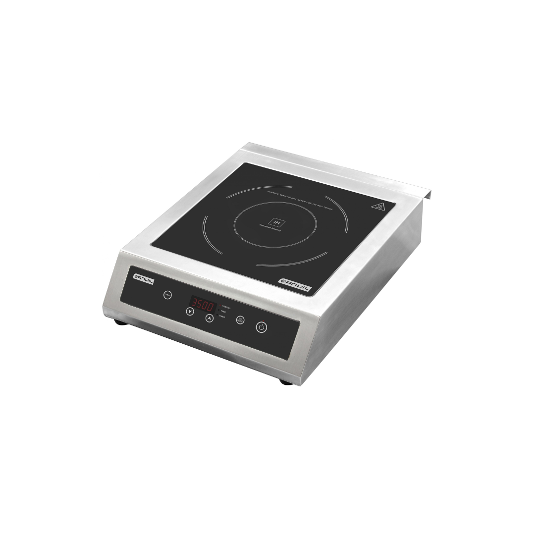 A countertop single-induction cooktop with a brushed silver metal body and a black glass-ceramic cooking surface, shown at an angle on a plain white background.