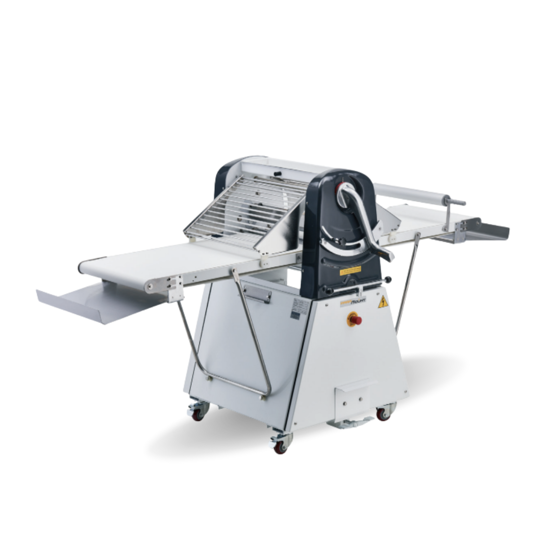 Industrial floor pastry sheeter SM2-630E by Paramount featuring 1400mm conveyor tables, 3-phase power, and adjustable 1mm to 50mm roller gap