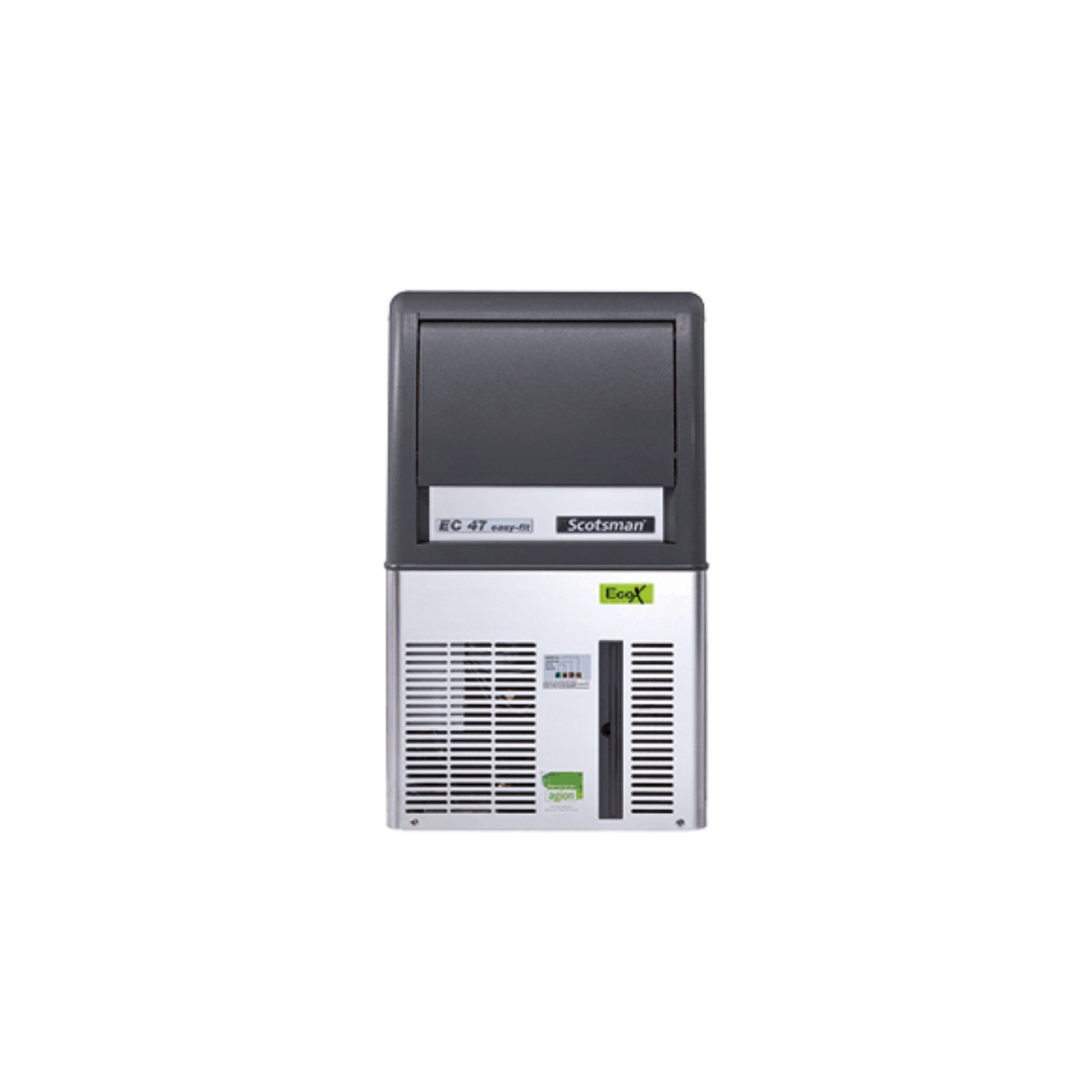 A compact ice machine with a dark gray top section and a silver lower section, featuring vents on the front, a small green logo, and visible branding including 'EC-47' and 'Scotsman'.