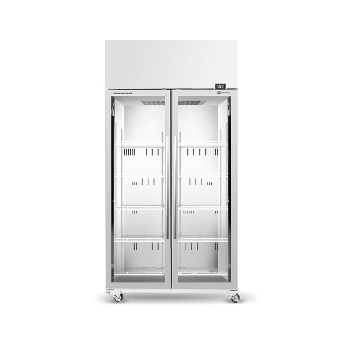 Skope TME1000N-A
 two glass door upright commercial display fridge with LED lighting and adjustable shelves