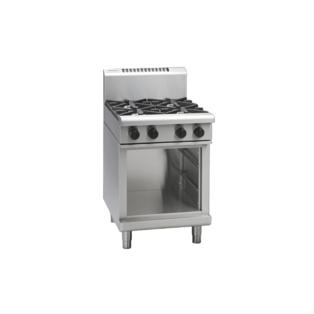 A compact commercial gas range with a stainless steel body, four black burner grates, a back panel, and a lower cabinet compartment shown on a plain white background.