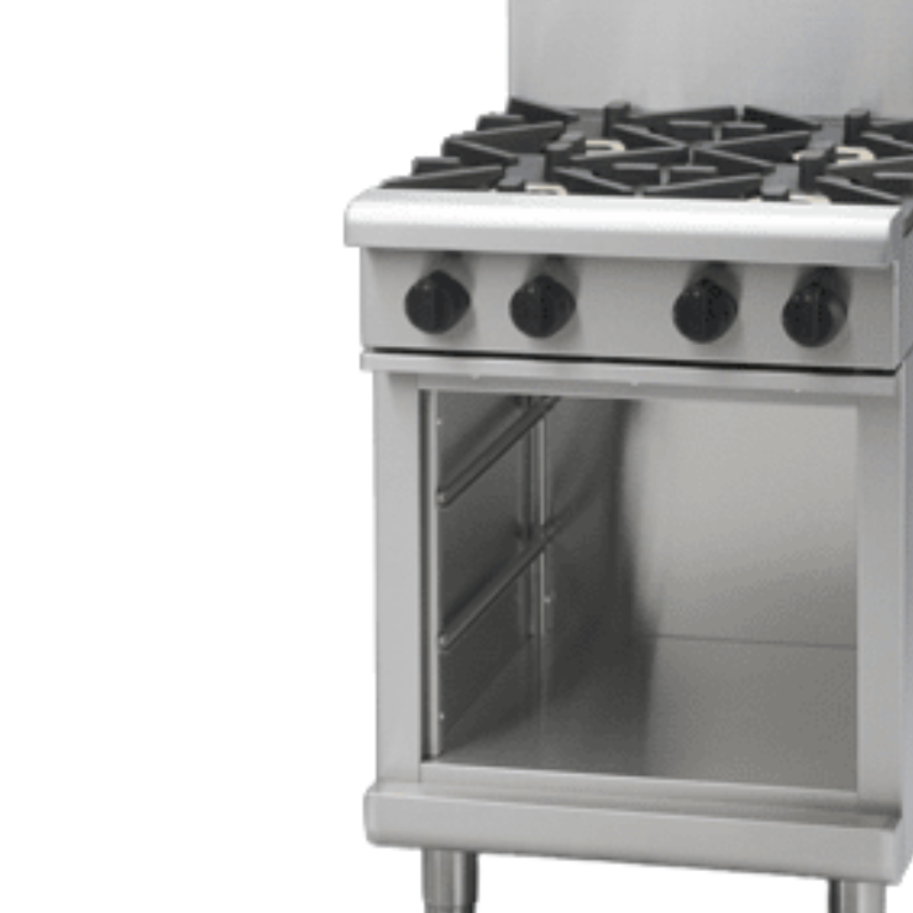 A stainless steel freestanding gas range Waldorf stove with four black control knobs and a cabinet base, shown against a plain white background.