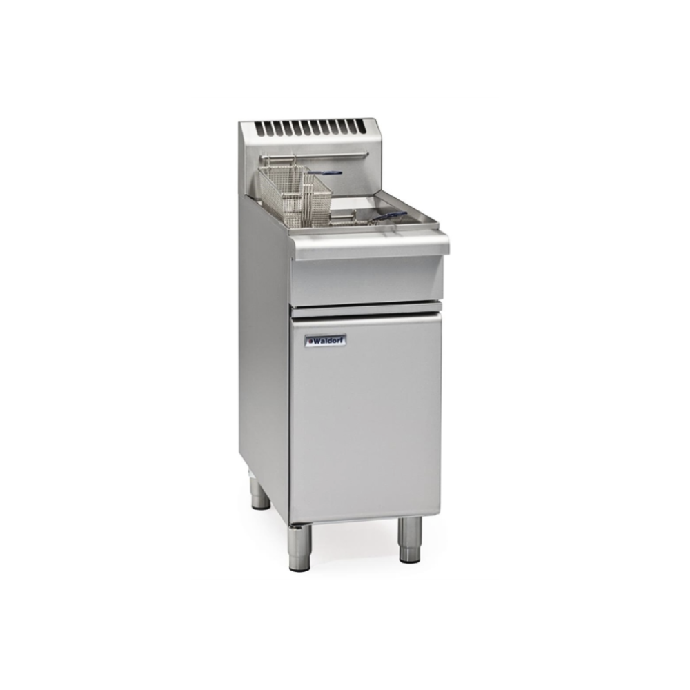 Waldorf FN8120G 450mm commercial single pan gas fryer with two baskets and stainless steel lid for commercial hospitality kitchens