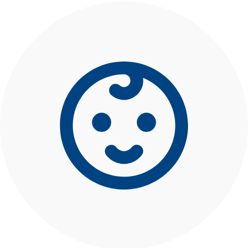 Blue icon of a smiling baby face representing childcare centres with a circular outline on a white background