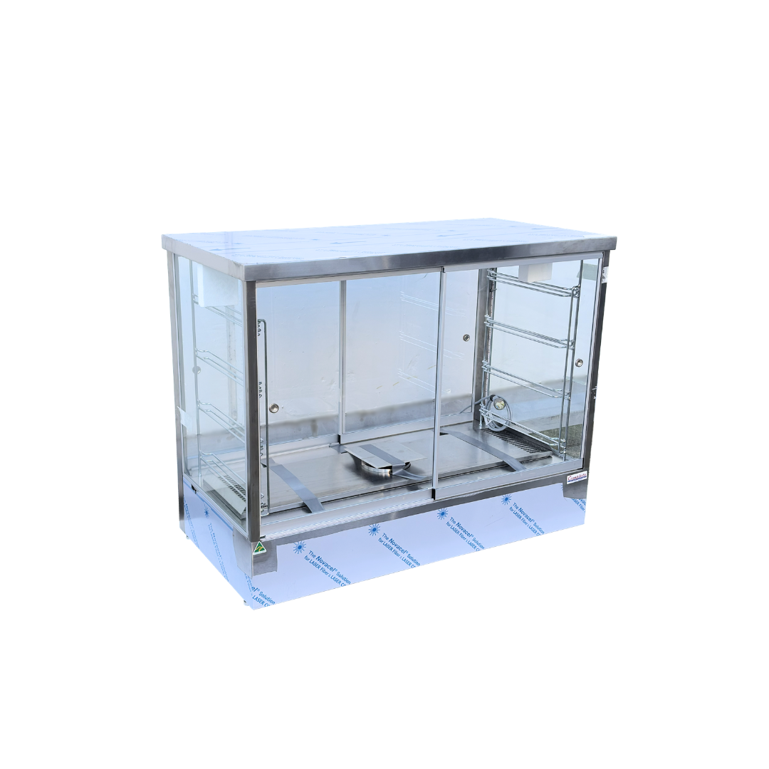 A stainless steel and glass heated commercial food display case with multiple shelves, shown on a plain white background.
