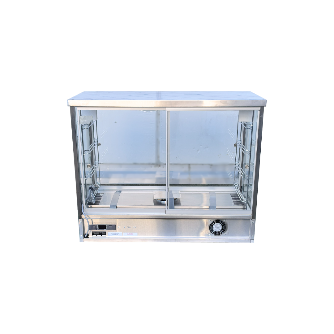 A stainless steel commercial food display case hot pie warmer with glass doors and interior racks, shown against a plain white background.