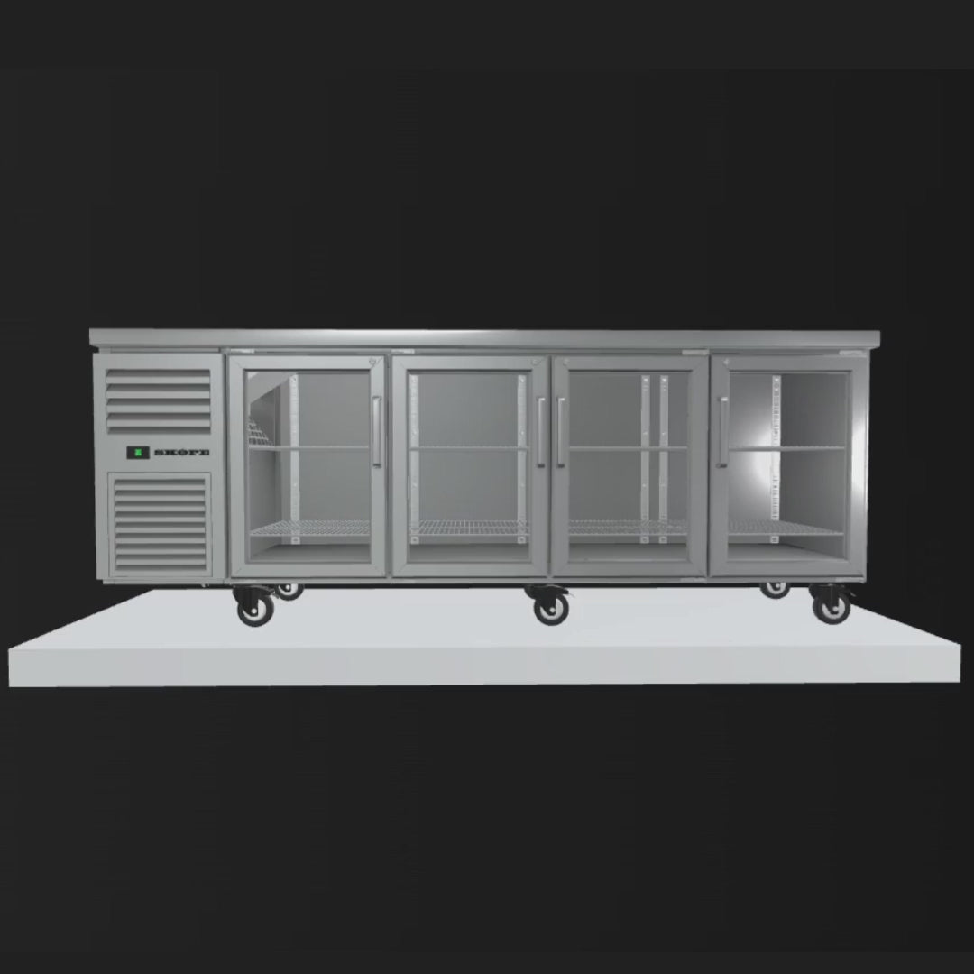 Load video: Skope ReFlex RF7.UBR.4.GD 4 Glass Door Underbench GN 1/1 Compatible Fridge