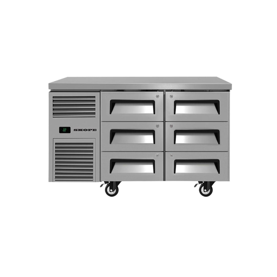 Skope RF7 UBR 2 D6 
underbench commercial refrigerator with six stainless steel drawers and integrated benchtop