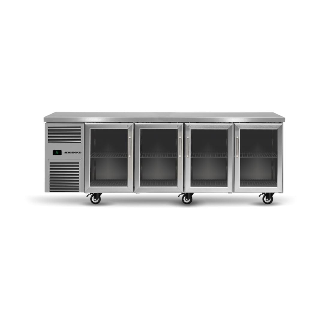 Skope RF7.UBR.4.GD
 underbench commercial glass door fridge in stainless steel for bakery and cafe use