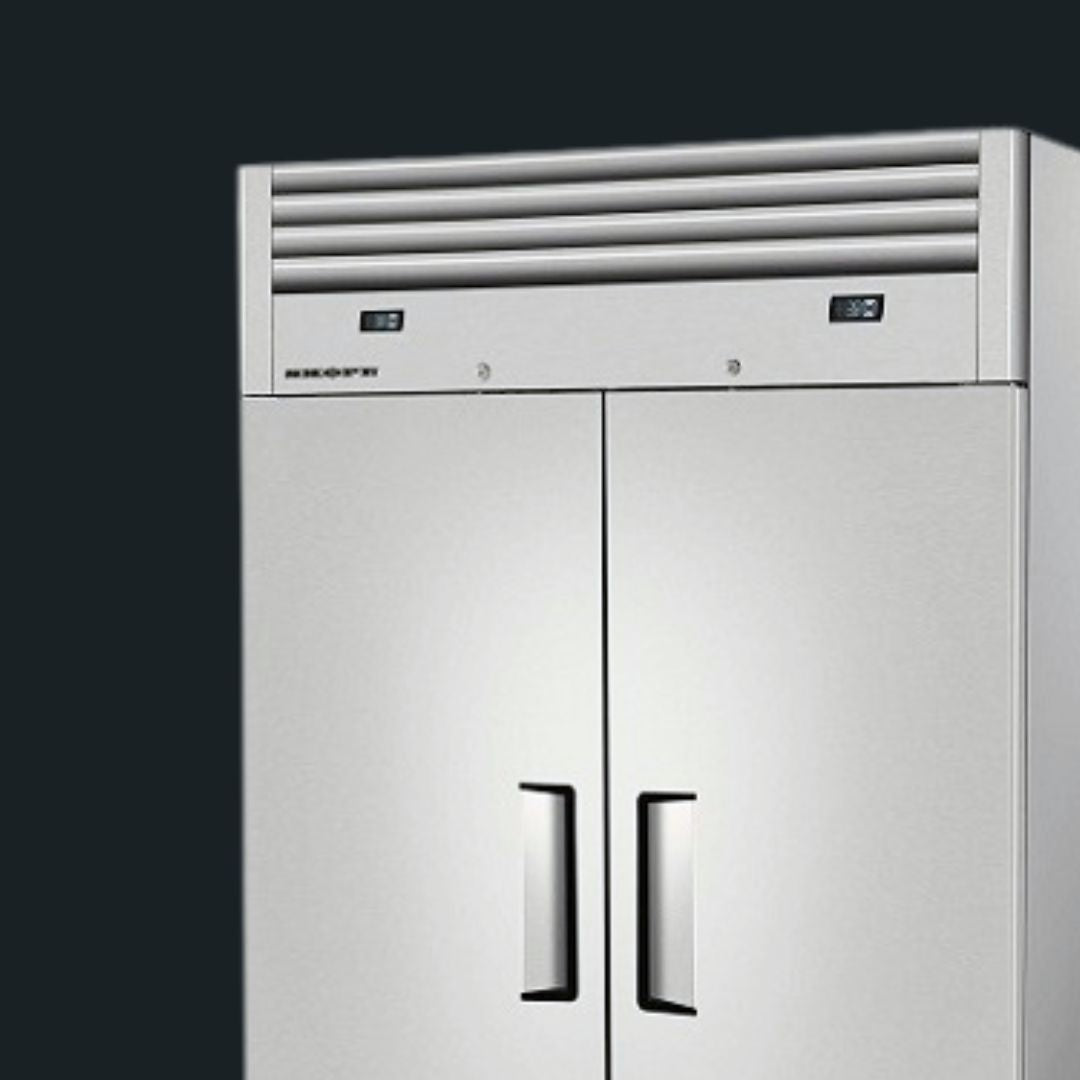 Stainless steel skope commercial refrigerator with two solid doors on a black background