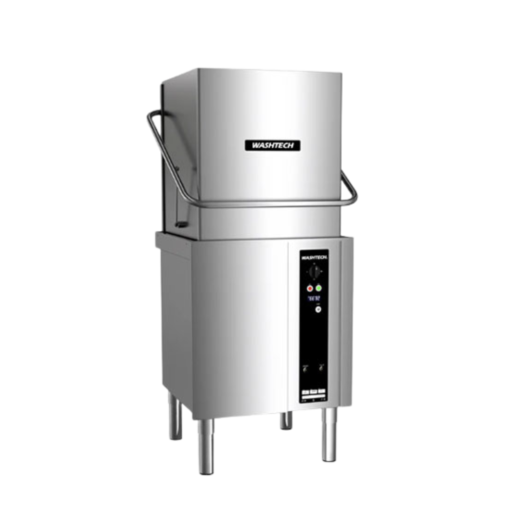Washtech XP commercial
passthrough dishwasher with stainless steel hood design for high-volume restaurant and café dishwashing.