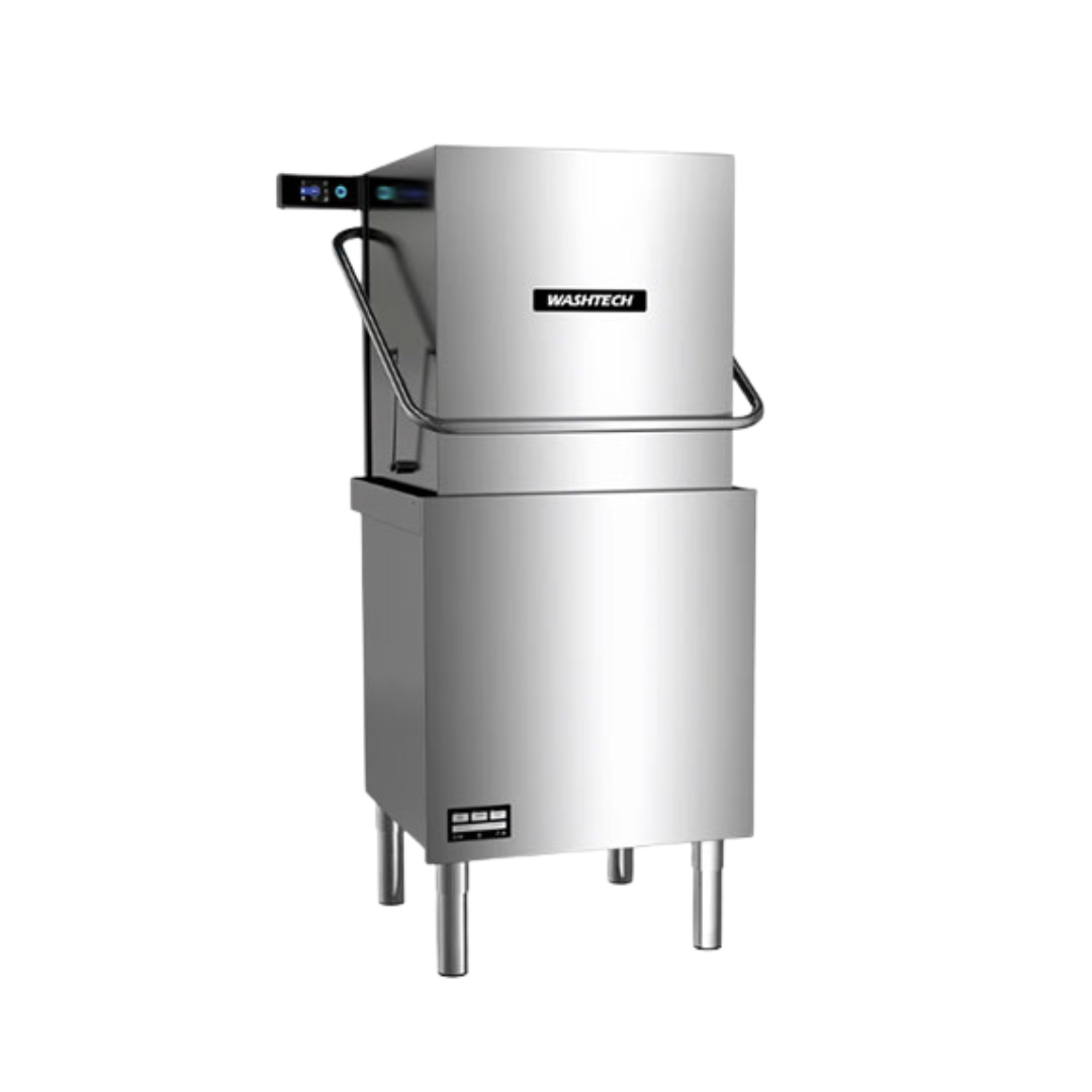 Washtech M2C 
commercial passthrough dishwasher with integrated heat recovery unit for high-volume restaurant and café kitchens.