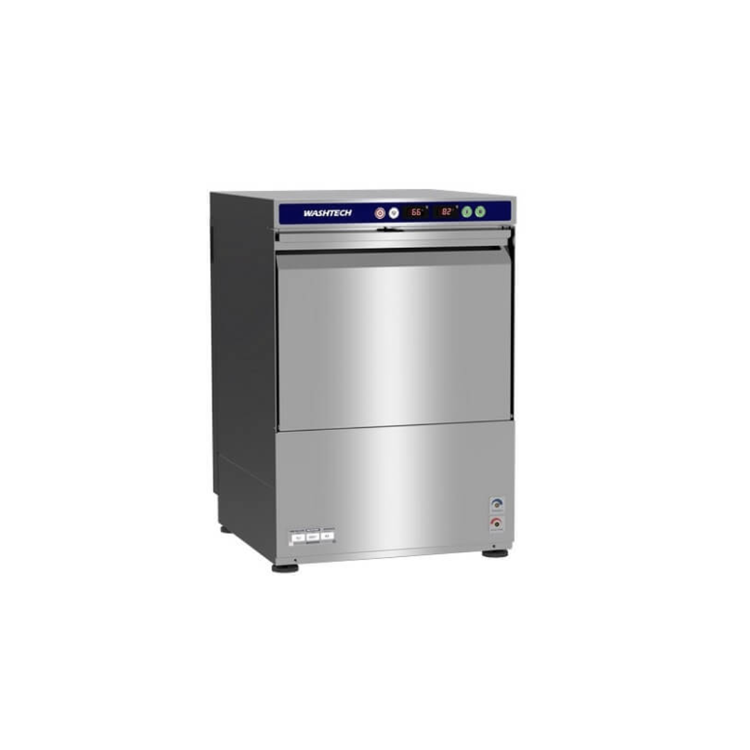 A stainless steel commercial dishwasher by Washtech, featuring a digital control panel on top and a lower drawer compartment, shown against a plain white background.