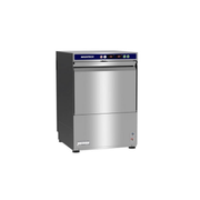 A stainless steel commercial dishwasher by Washtech, featuring a digital control panel on top and a lower drawer compartment, shown against a plain white background.