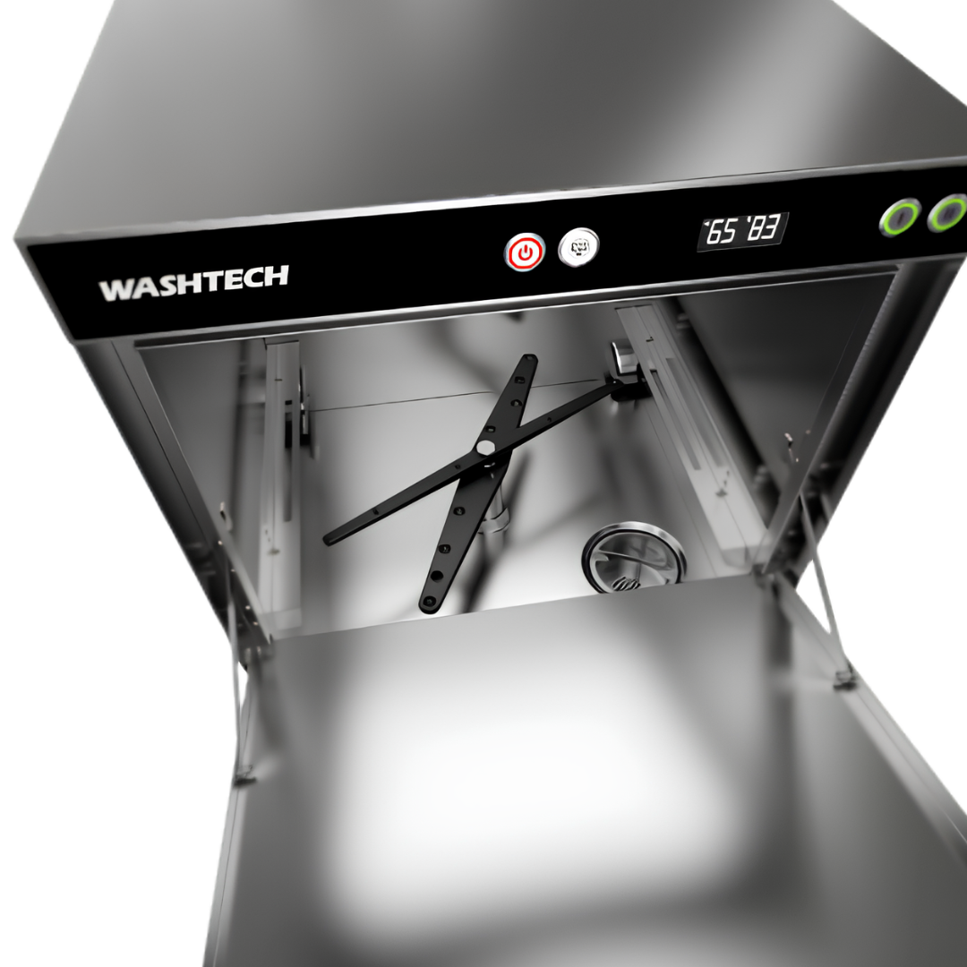 A close-up studio shot of a WASHTECH dishwasher or washing machine interior with the door open, showing the stainless steel drum, black agitator, and control panel with digital display and buttons.